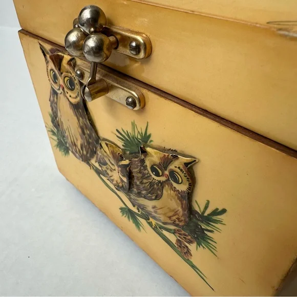 Wood Box 3D Decoupage Purse Octagon Brass Clasp Owls Vintage 60s/70s - Picture 13 of 16